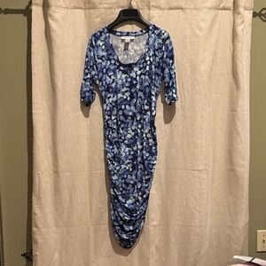 Motherhood Maternity Floral Blue Midi Dress. Stretch. Knee length